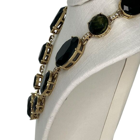 Ann Taylor Dark Green Chunky Gold Tone Rhinestone Statement Necklace Old Money - Picture 7 of 14